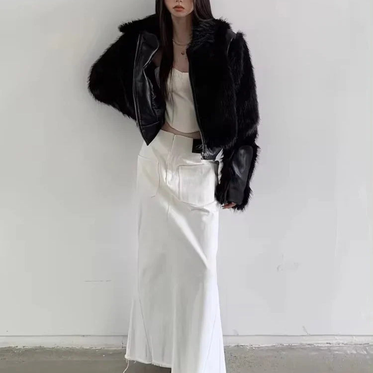 Autumn Winter Cool Short Black Soft Thickened Warm Hairy Shaggy Patchwork Faux Fox Fur Coat Women Fluffy Jacket 2023