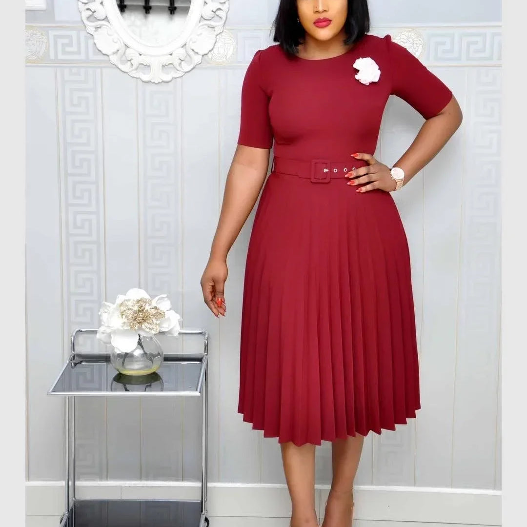 Summer Midi Pleated Dress Short Sleeve Office Lady Africa Sashes Women High Waist Elegant Dresses Vestidos Red