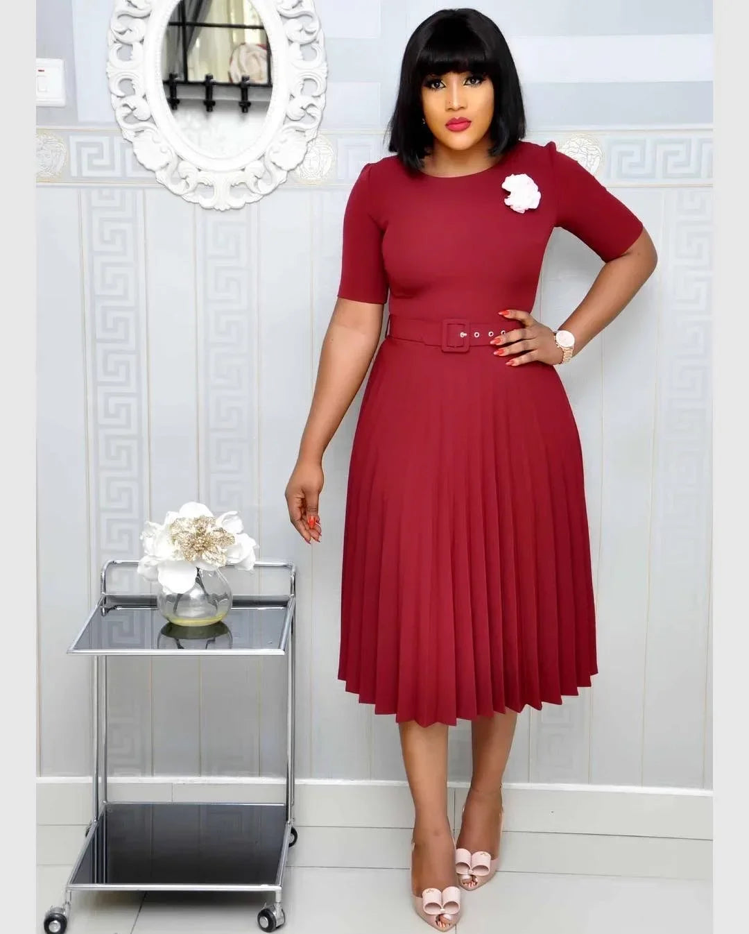 Summer Midi Pleated Dress Short Sleeve Office Lady Africa Sashes Women High Waist Elegant Dresses Vestidos Red