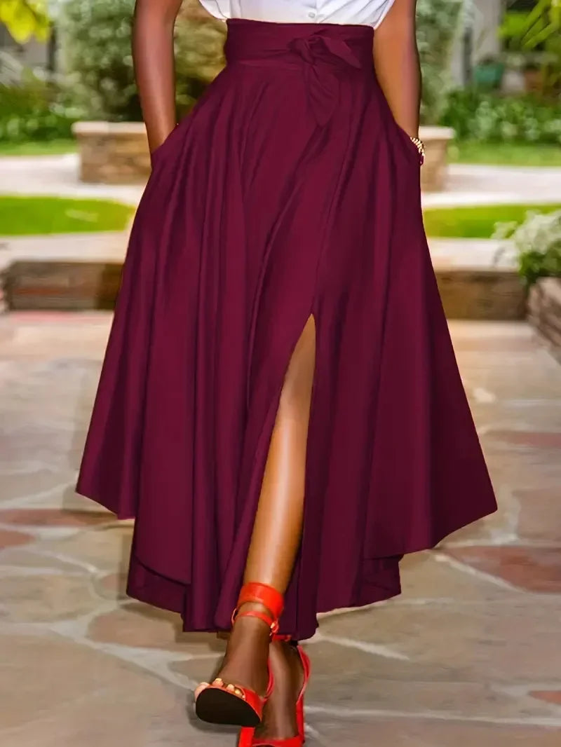 New Women's Fashion Elegant Split Hem Skirts Irregular Design Pleated Maxi Skirt High Waist Solid Lace-up Party Long Dress Femme Deep Red