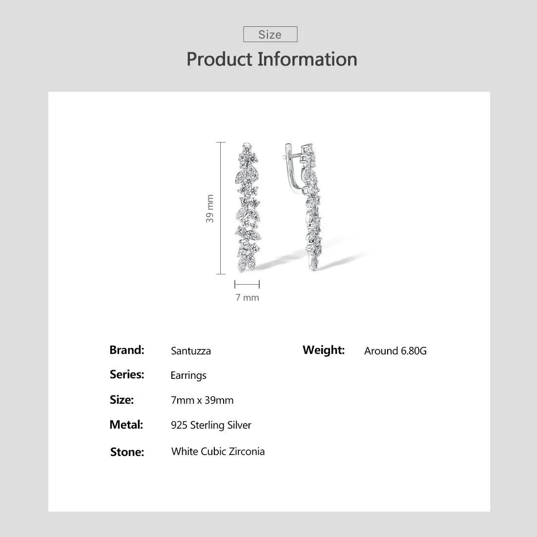 SANTUZZA Real 925 Sterling Silver Cluster Drop Earrings For Women White Cubic Zirconia Simple Daily Long Elegant Fine Jewelry