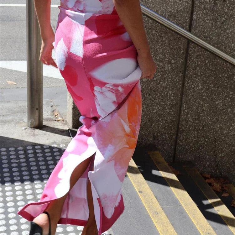 Tossy Contrast Spaghetti Slim Maxi Dress Female Printed Off-Shoulder Fashion Holiday Beach Dress Patchwork Summer Party Dress