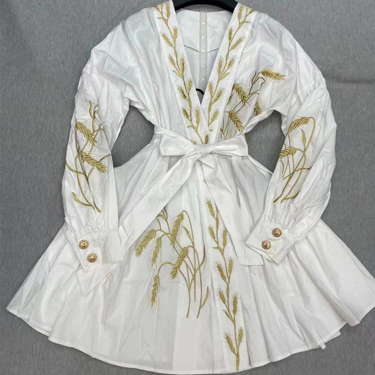 SEQINYY Casual Mini Dress Summer Spring New Fashion Design Women Runway Embroidery Flower Shirt Fabric Holiday WHITE
