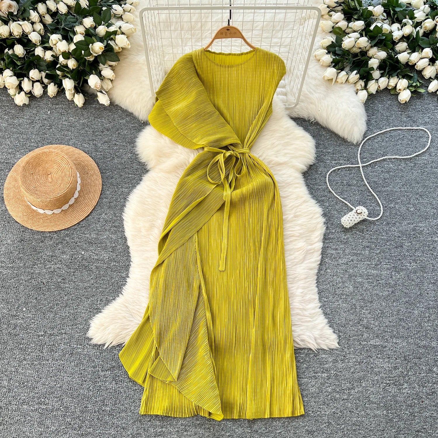 Chic asymmetrical sweet Spliced Elegant Korean Fashion Fairy Dresses Sexy High Waist A-line Vestidos Summer Women Vacation yellow-green One Size