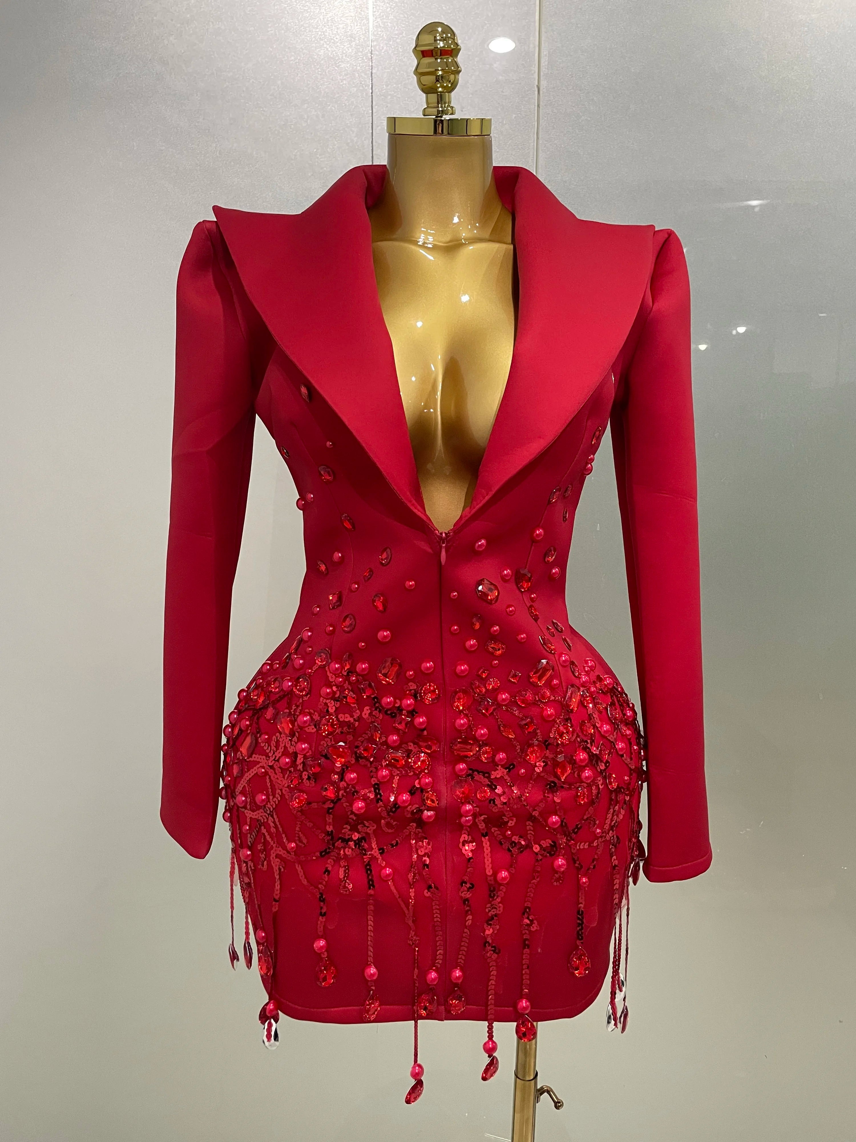 2025 Sparkly Crystal Chains Pearls Long Sleeve Mini Dress Women Birthday Evening Party Nightclub Outfit Singer Wedding Costume Red