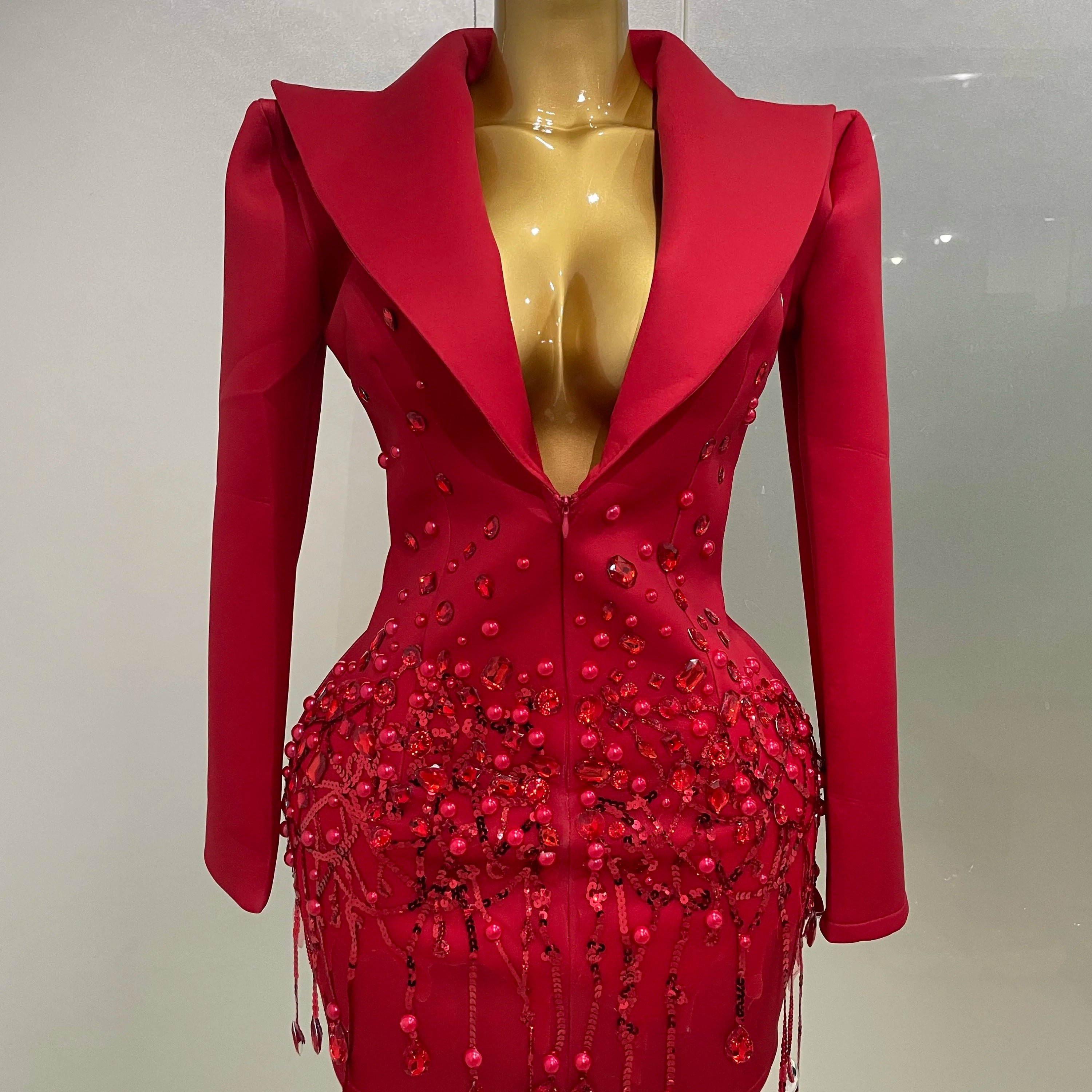Sparkly Crystal Chains Pearls Long Sleeve Mini Dress 2025 Women Birthday Evening Party Nightclub Outfit Singer Wedding Costume Red