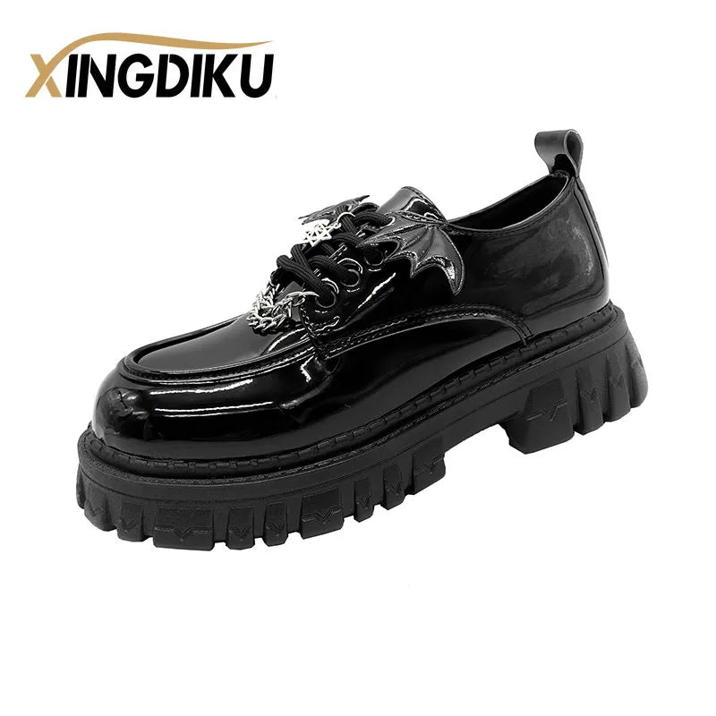 Punk Wind Fashion Single Shoes Autumn Devil Bat Wings Gothic Women's Shoes Thick Bottom Waterproof Platform Metal Chain
