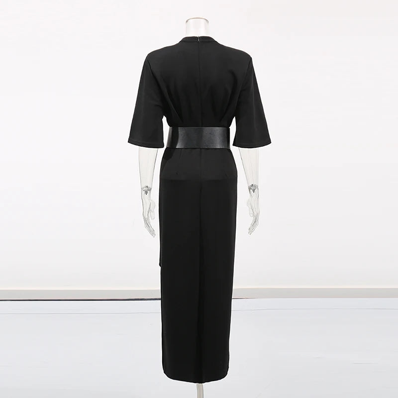 Hit Color Slimming Spliced Lace Dresses for Women Round Neck Half Sleeve Split Temperament Dress Female Fashion New