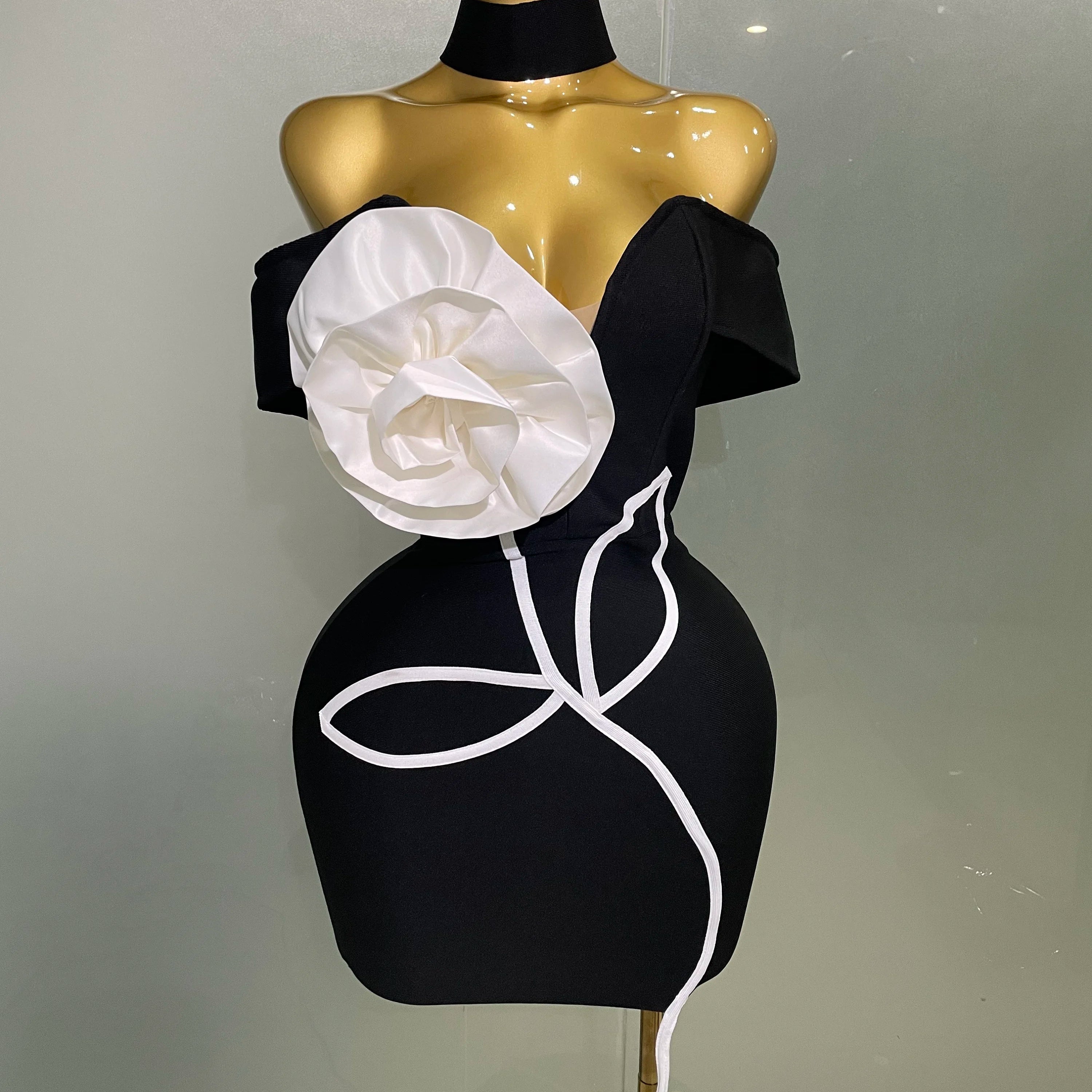 Women 2025 New Sexy Off Shoulder White Flower Black Mini Bodycon Bandage Dress Luxury Celebrity Evening Club Elegant Party Gowns black