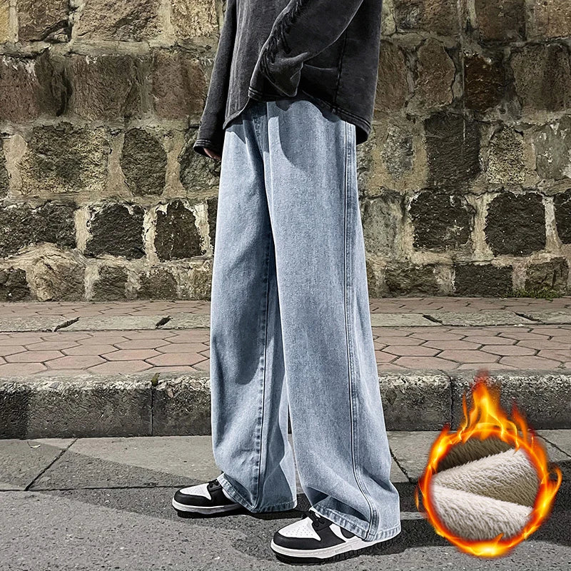 Winter Fleece Men's Baggy Wide Leg Jeans Thicken Warm Fashion Streetwear Oversized Elastic Waist Black Straight Denim Pants