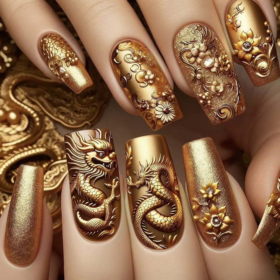 24pcs/set Medium long fake nails yellow dragon flowers feather design for Spring summer Square almond tips press on false nail 2220