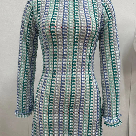 Backless Knitted Beach Dress Women Fashion Hollow Out Mini Boho Dress Summer Elegant Colorful Long Sleeve Bikini Cover Up 2024 Sky Blue