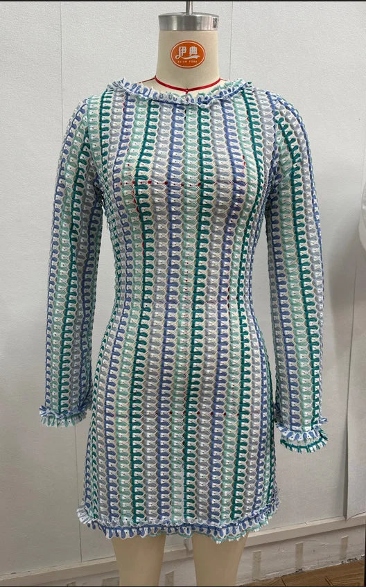 Backless Knitted Beach Dress Women Fashion Hollow Out Mini Boho Dress Summer Elegant Colorful Long Sleeve Bikini Cover Up 2024 Sky Blue