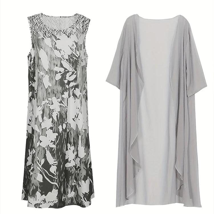 Plus Size 2024 Autumn New Women's Floral Printed Long Dress Printed Pattern Two-piece Dress Round Neck Temperament Elegant Dress