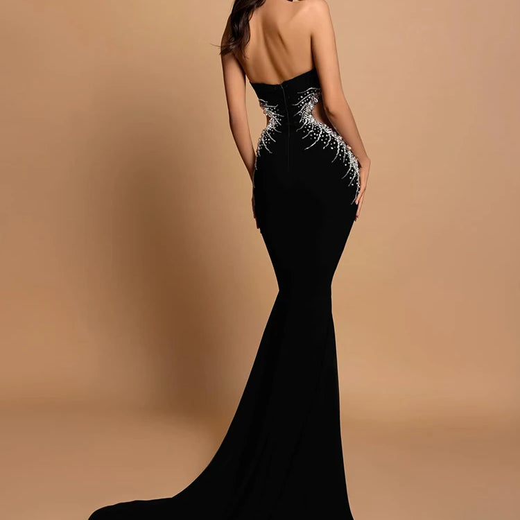 Strapless Crystal Black Maxi Long Gown Sparkling Diamond Hollow Tight Elegant Celebrity Party Evening Dress