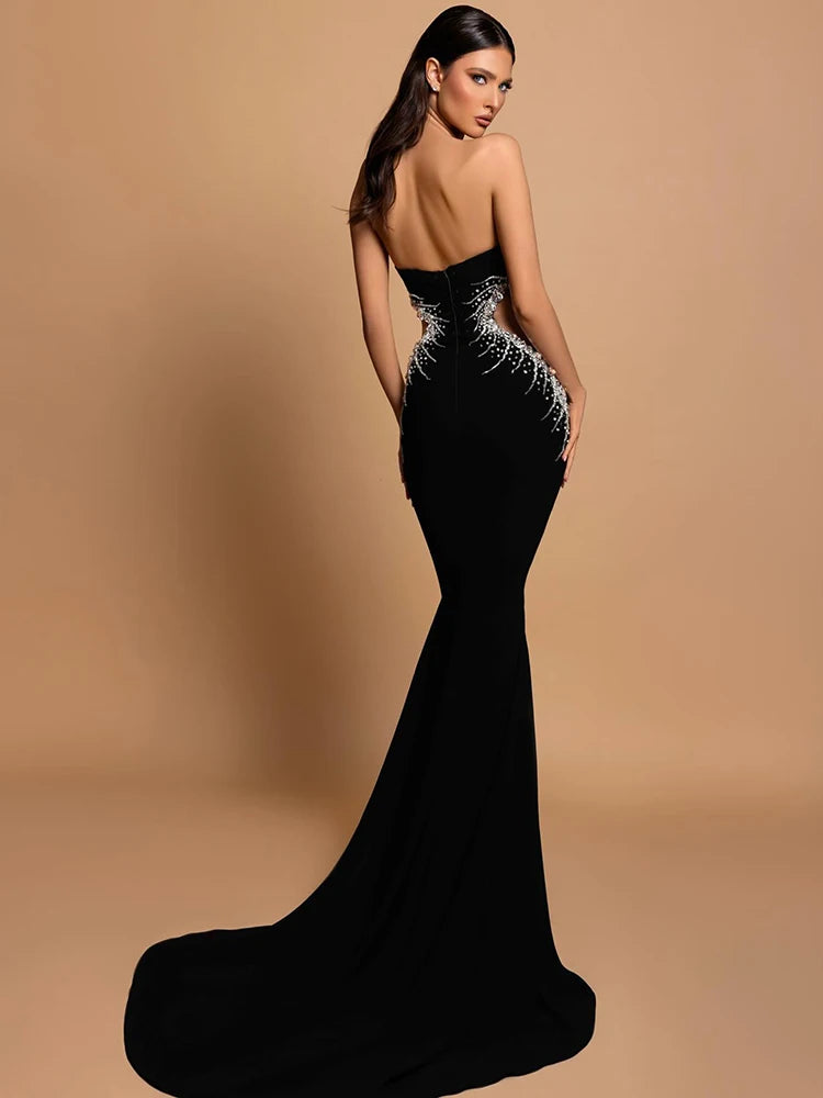 Strapless Crystal Black Maxi Long Gown Sparkling Diamond Hollow Tight Elegant Celebrity Party Evening Dress