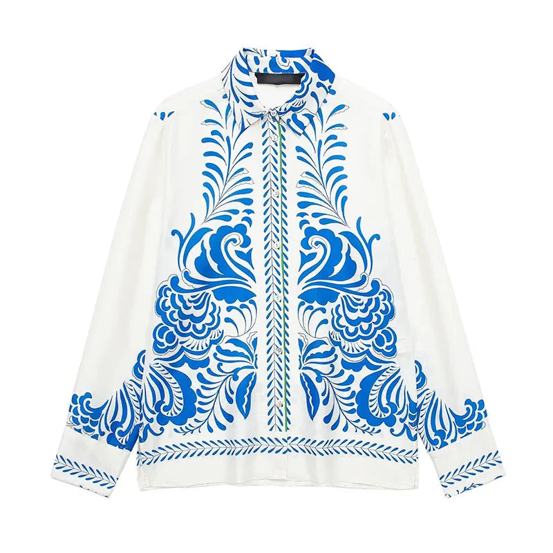 TRAFZA Women Pants Set Print Turn-Down Collar Long Sleeves Single Breasted Casual Shirts+High Waist Pocket Zipper Wide Leg Pant white top