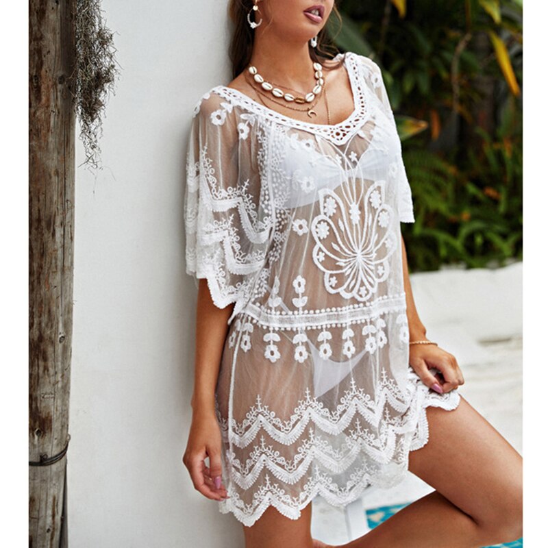 Summer Swimsuit Bikini Cover Up Solid Chiffon Lace Beach Dress Blouse Tunic Pareos Female Smock Beachwear