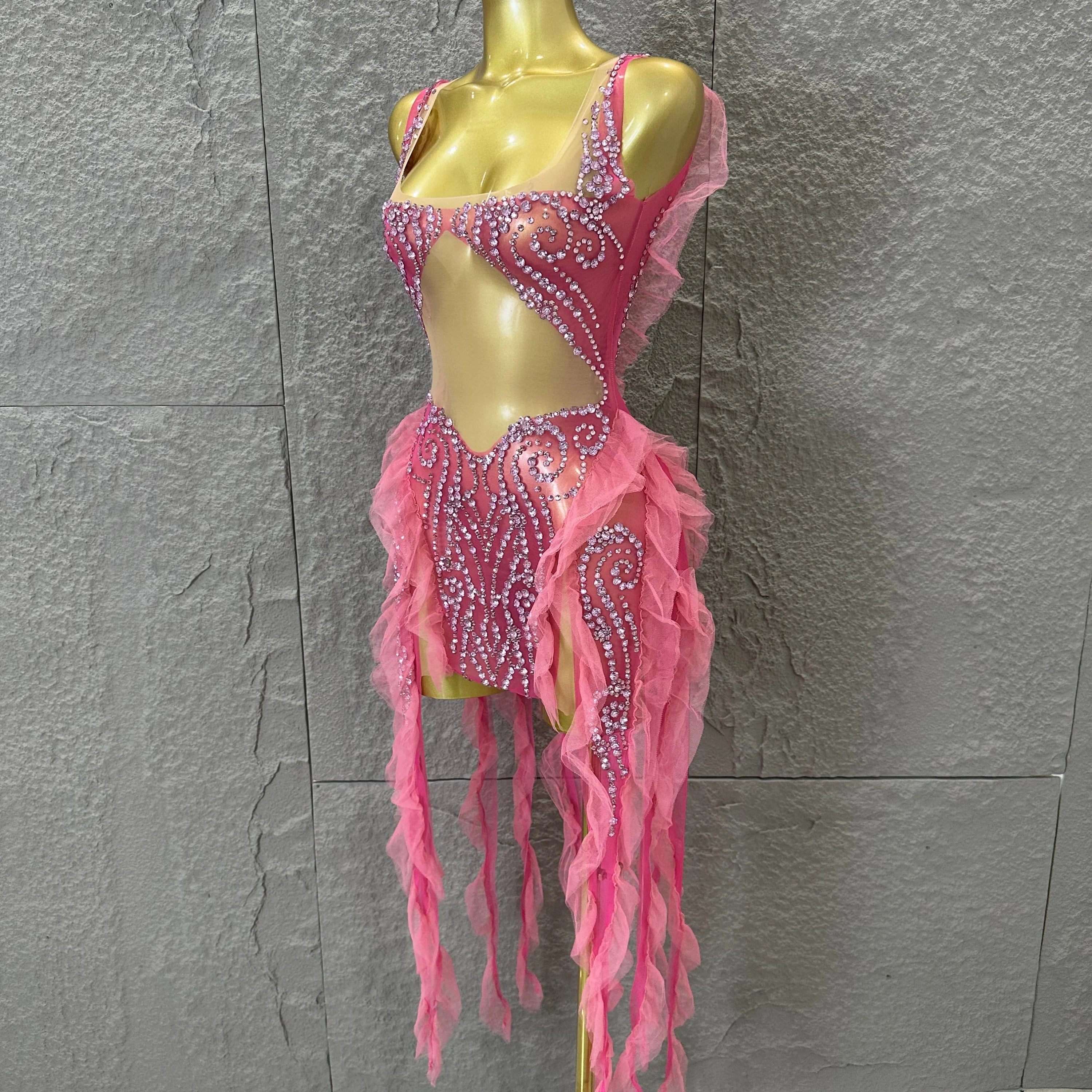 Women Sheer Mesh Rhinestone Ruffle Embellished Latin Dance Performance Costume Elegant Pink Spaghetti Strap Mini Dress