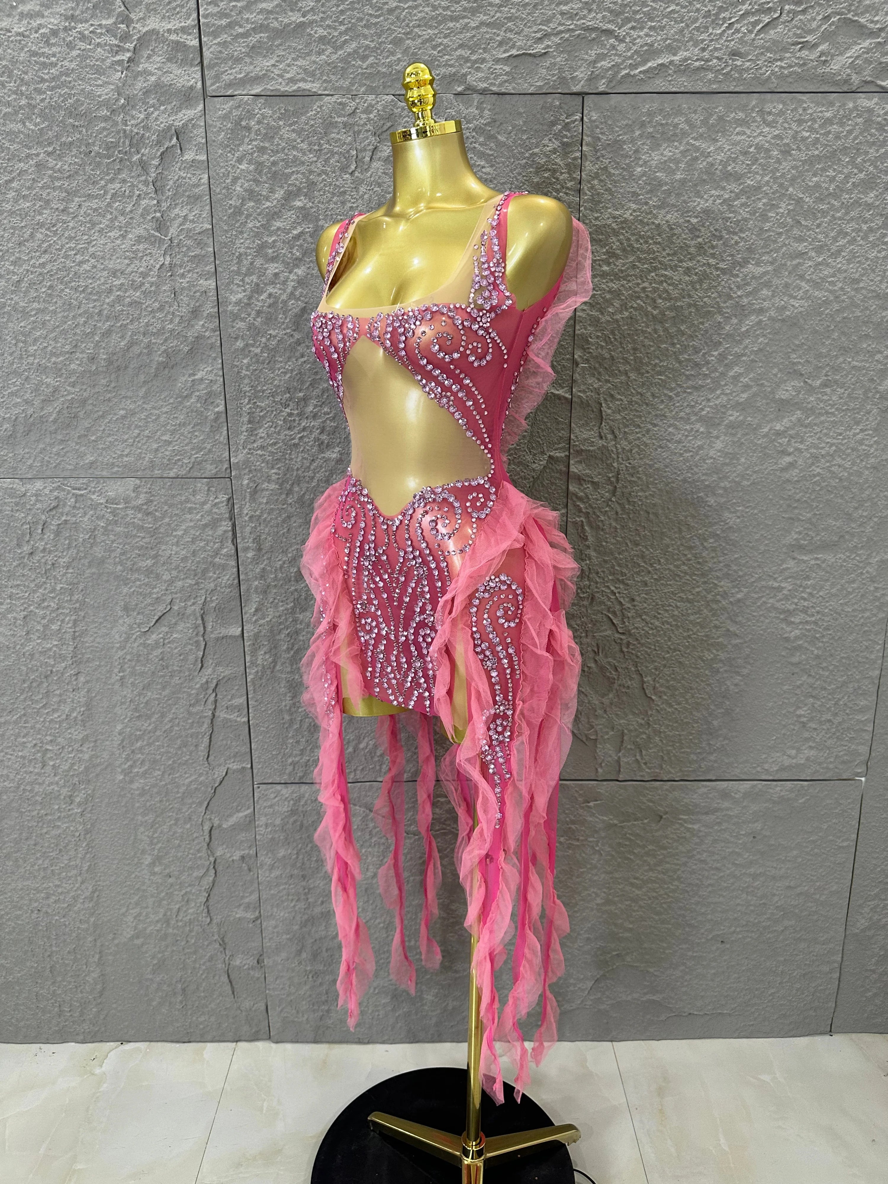 Women Sheer Mesh Rhinestone Ruffle Embellished Latin Dance Performance Costume Elegant Pink Spaghetti Strap Mini Dress
