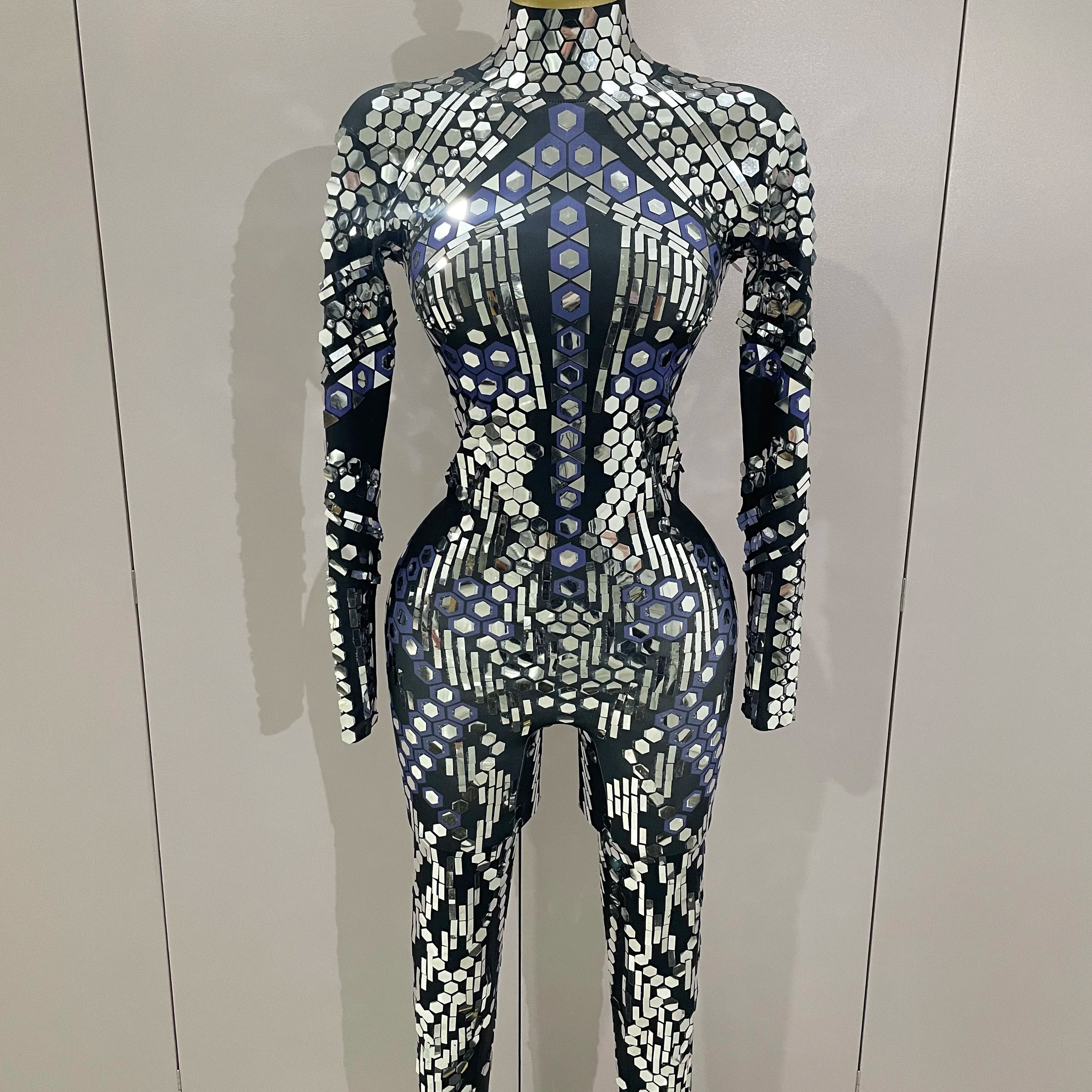 Sexy Shiny Silver Sequins Mirror Black Spandex Jumpsuit 2025 Women Prom Dancer Singer Costume Evening Birthday Show Stage Outfit Silver