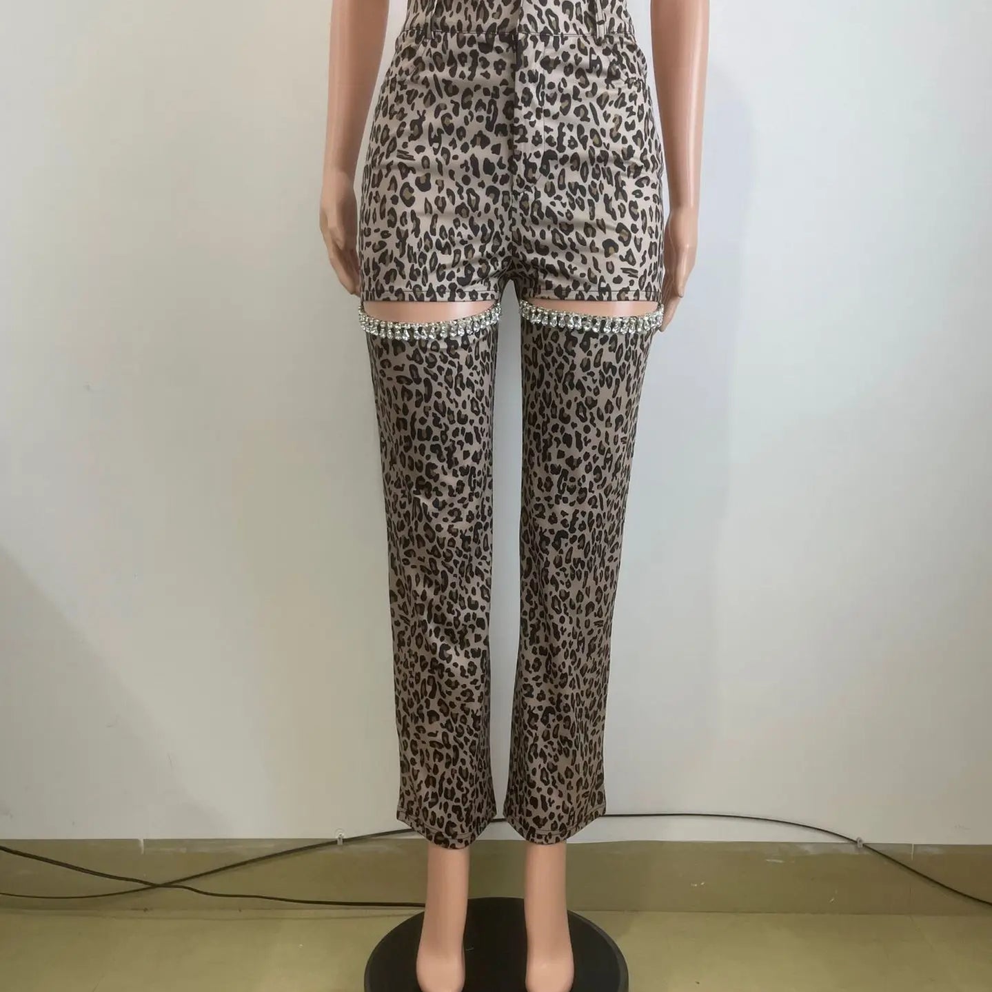 Women Cutout Diamonds Crystal Hollow Out Straight Pants 2024 Fall Winter Leopard Print High Waist Wide Leg Trousers