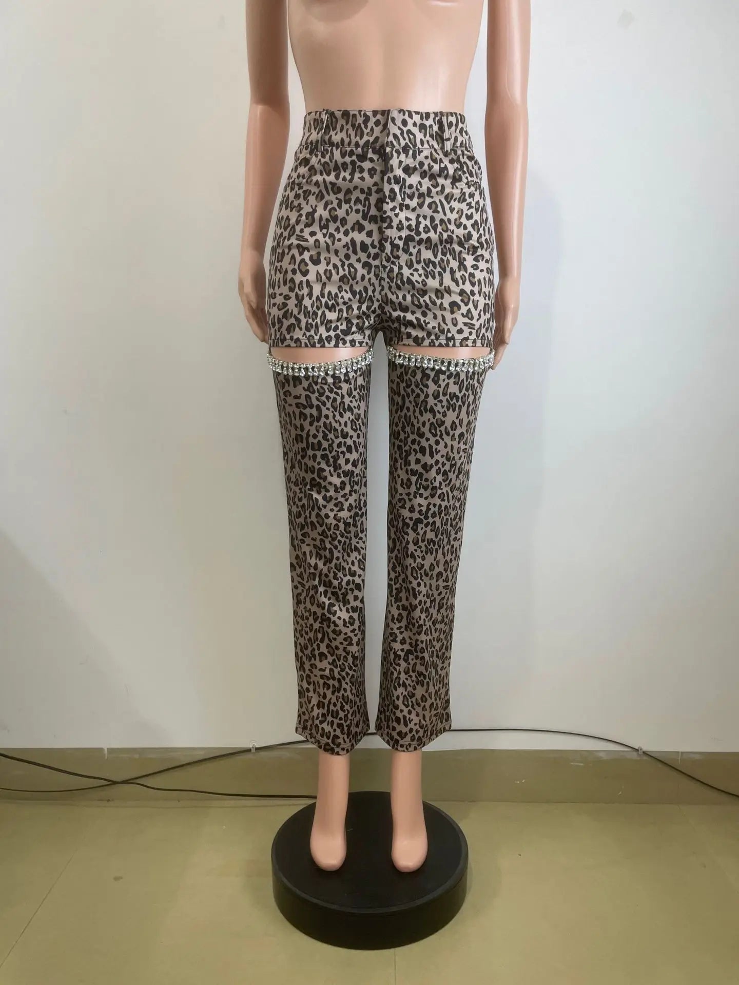 Women Cutout Diamonds Crystal Hollow Out Straight Pants 2024 Fall Winter Leopard Print High Waist Wide Leg Trousers