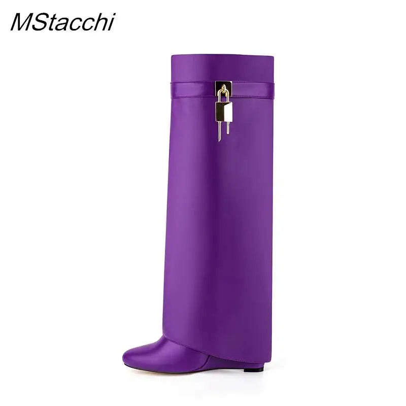 Lock Metal Buckle Women Knee High Boots Wedges Shoes For Woman Punk Style Round Toe Zipper Cowboy Boots Trend 2025 Female Shoes PURPLE