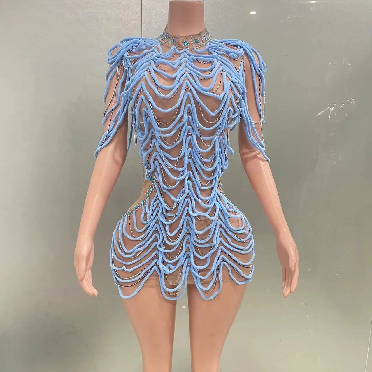 STOCK Women Sexy Mesh See Through Bodycon Mini Dress Celebrate Nightclub Party Performance Costume Stage Wear Birthday Outfit