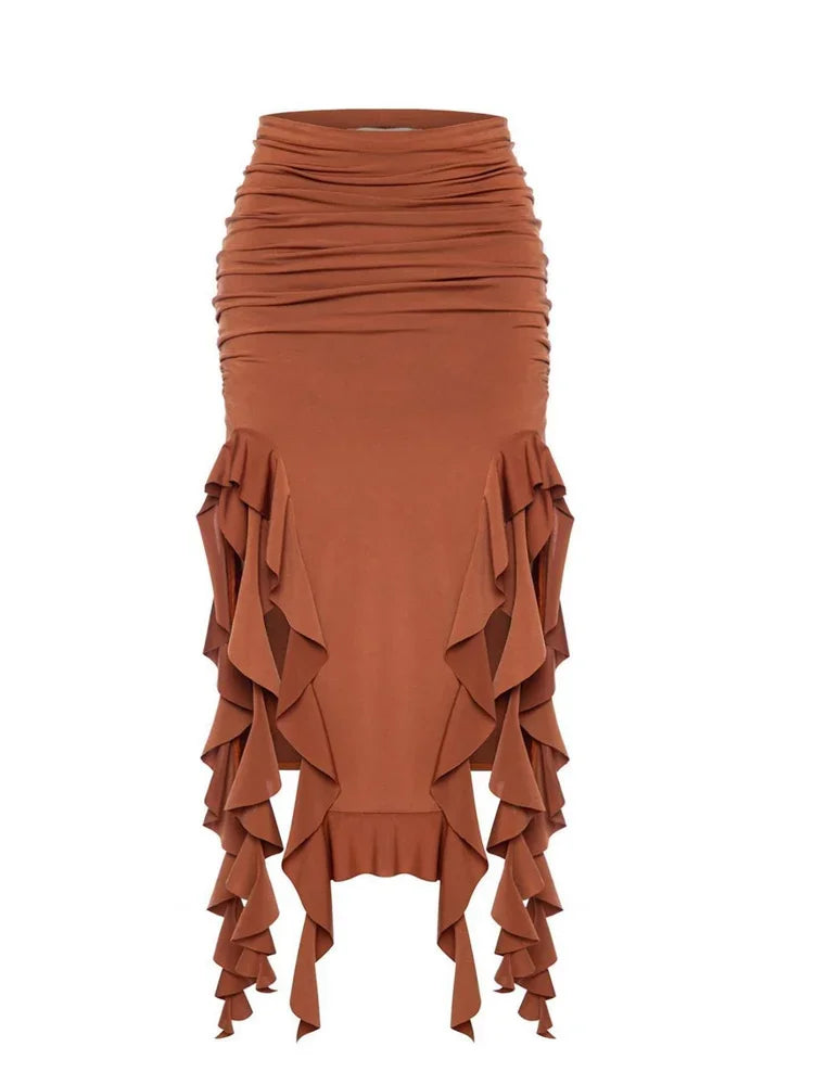 Tossy Tassel Summer Female Long Skirt Ruffled High Waist Broken High Split Fashion Pleated Sexy Solid Patchwork Maxi Skirt 2023 Coffee