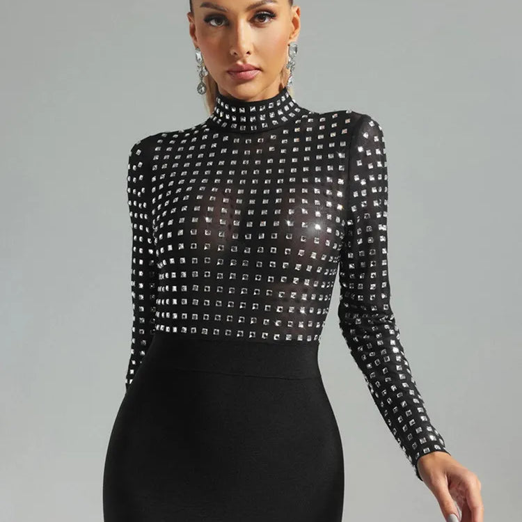 est Women Celebrity Sexy Turtleneck Rhinestone Black Midi Bodycon Bandage Dress Elegant Evening Club Party Dress
