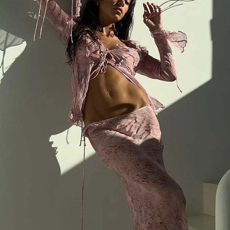 FSDA Print Y2K Mesh Long Sleeve Top Shirts Green And Maxi Skirt Bodycon Sexy Two Piece Sets Beach Outfits Women Club Pink