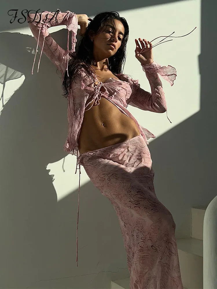FSDA Print Y2K Mesh Long Sleeve Top Shirts Green And Maxi Skirt Bodycon Sexy Two Piece Sets Beach Outfits Women Club Pink