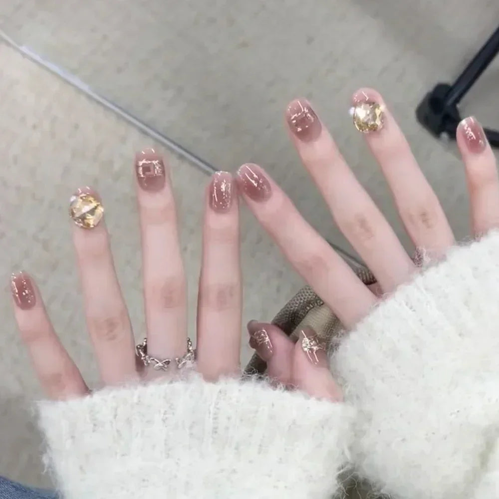 Shiny Crystal Glitter Powder Cat Eye Rhinestone Pearl Short Fake Nails Art Korean False Nails Zircon DIY Press on Nails Manicure MT2343GN030