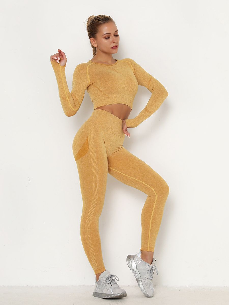 Women's Sets Skinny Tracksuit Breathable Bra Long Sleeve Top Seamless Outfits High Waist Push Up Leggings Gym Clothes Sport Suit New Set Yellow