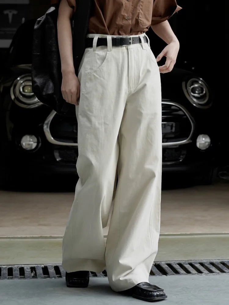 [LANMREM] Streetwear Straight Wide Leg Pants For Women High Waist Solid Trousers Female Fashion Jeans Spring New 26D2373 Apricot