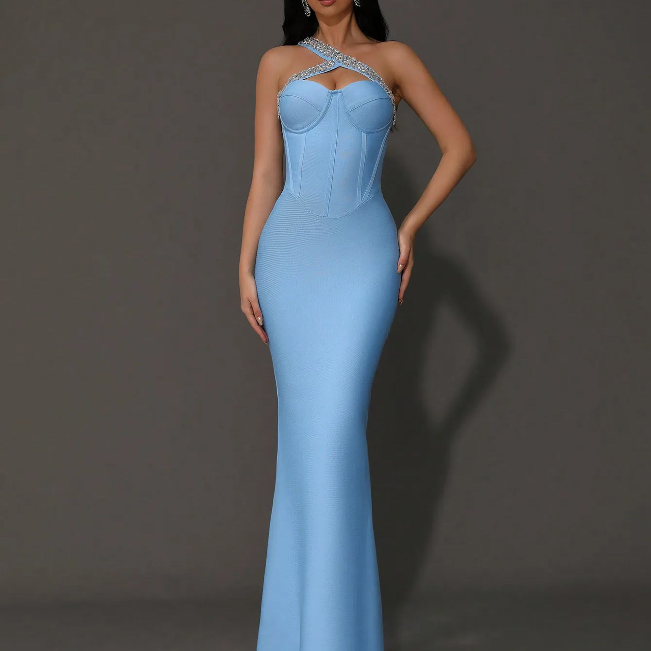 2024 Sexy Women's Wear Beaded Water Diamond Bandage Dress One Shoulder Sleeveless Bodycon Off the Back Long Dress Party Vestido SKY BLUE