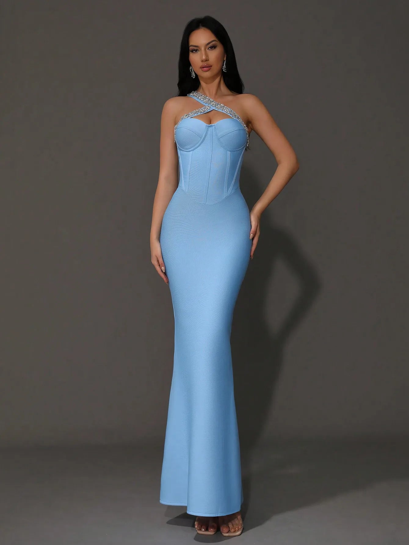 2024 Sexy Women's Wear Beaded Water Diamond Bandage Dress One Shoulder Sleeveless Bodycon Off the Back Long Dress Party Vestido SKY BLUE
