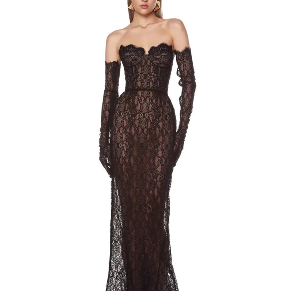 New Summer Black Color Women Sexy Strapless Lace Floor-length Mermaid Dress Gloves Elegant Evening Party Prom Outfit
