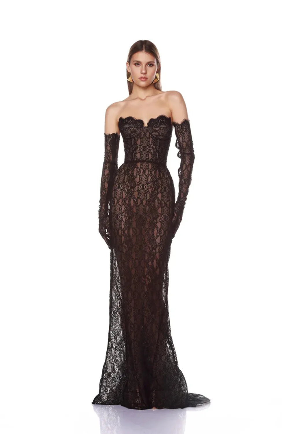 New Summer Black Color Women Sexy Strapless Lace Floor-length Mermaid Dress Gloves Elegant Evening Party Prom Outfit