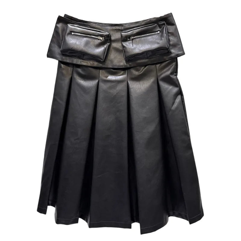 Winter New Fashion Pocket Waist Belt PU Leather Midi Skirt For Women High Street Pleated Skirts Female Trend 11A07862