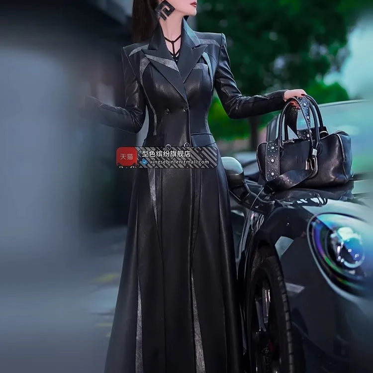 Lautaro Spring Autumn Long Fitted Black Patchwork Pu Leather Coat Women Double Breasted Elegant Chic Luxury Designer Clothing