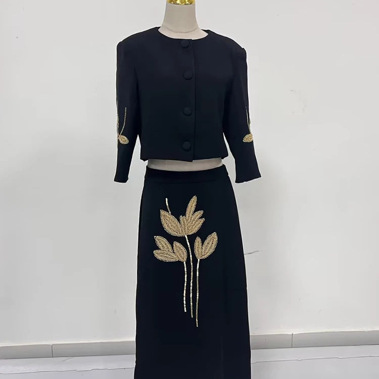 Colorblock Chic Two Piece Sets For Women O Neck Half Sleeve Coat High Waist Skirt Elegant Set Female Fashion Style