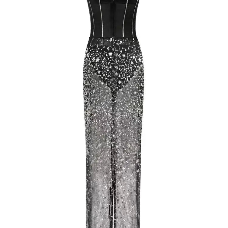2024 New Fashion Black Color Women Sexy Strapless 2 Pieces Bodycon Long Dress Mesh Sequins Nightclub Party Celebrate Dress