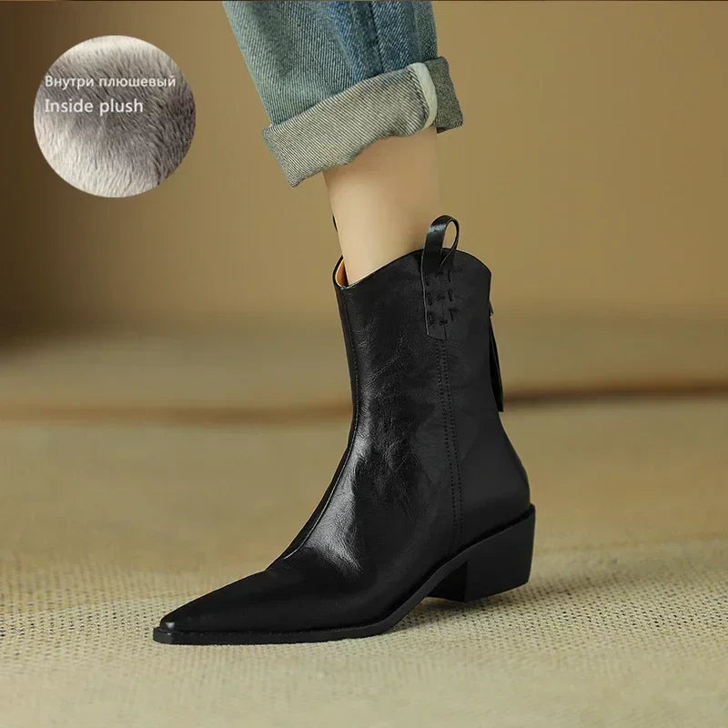 Autumn/winter Women Boots Genuine Leather Western Boots Women Shoes Pointed Toe Chunky Heel Chelsea Boots Retro Ankle Boots Black-with fleece