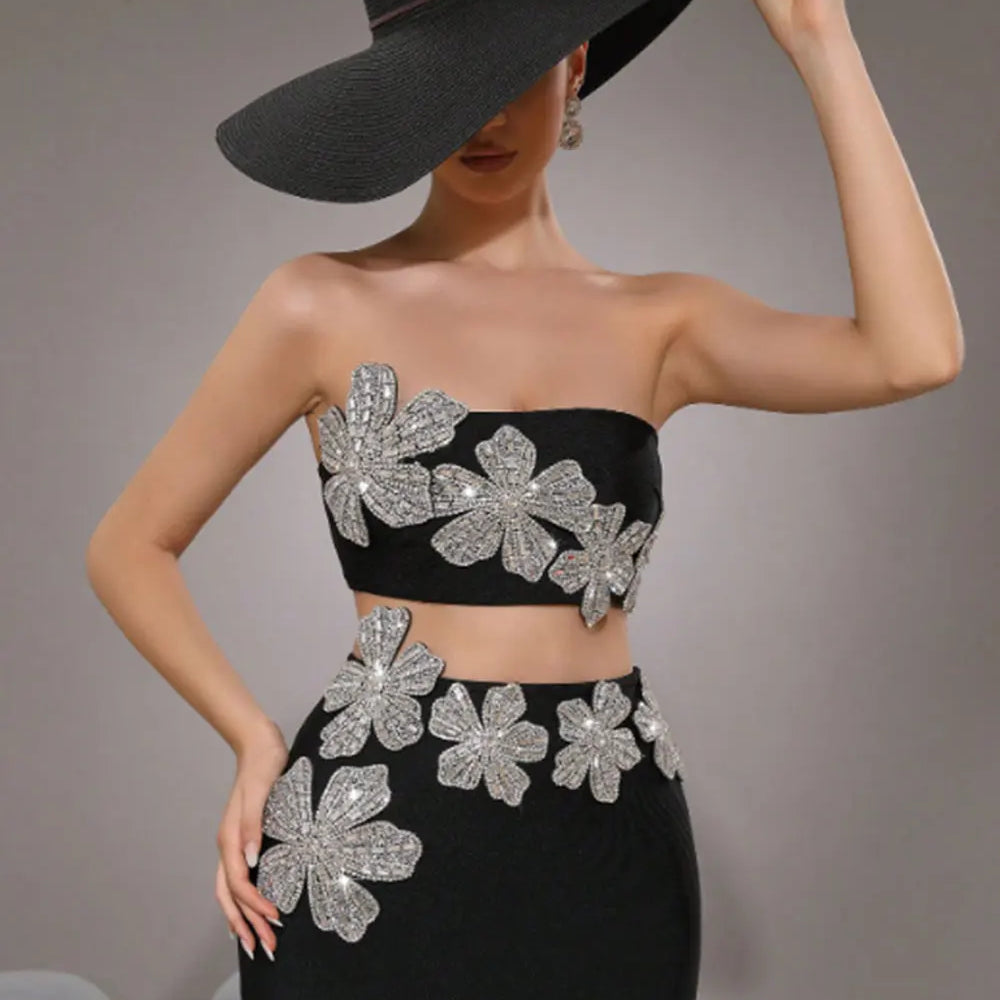 2025 Sexy Women Nail Diamond Flower Design Bandage Long Dress Set Strapless Sleeveless Diamond Set Tank Top+Skirt Two Piece Set black