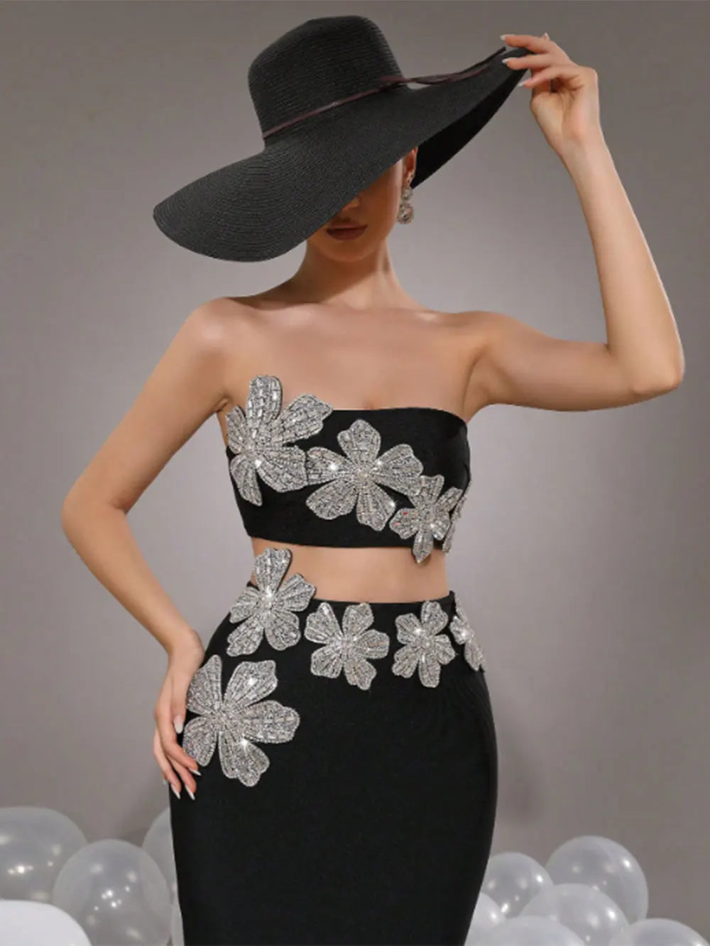 2025 Sexy Women Nail Diamond Flower Design Bandage Long Dress Set Strapless Sleeveless Diamond Set Tank Top+Skirt Two Piece Set black