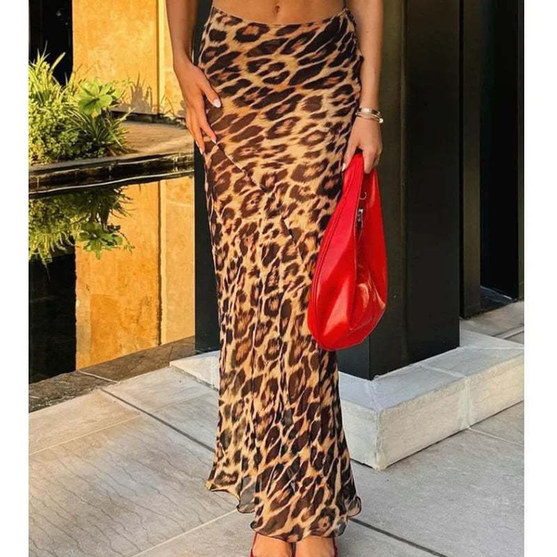 Leopard Printed See Through Skirt For Women Sexy Vintage Lace Spring Chic High Waist Hip Wrapped Slim Skirts