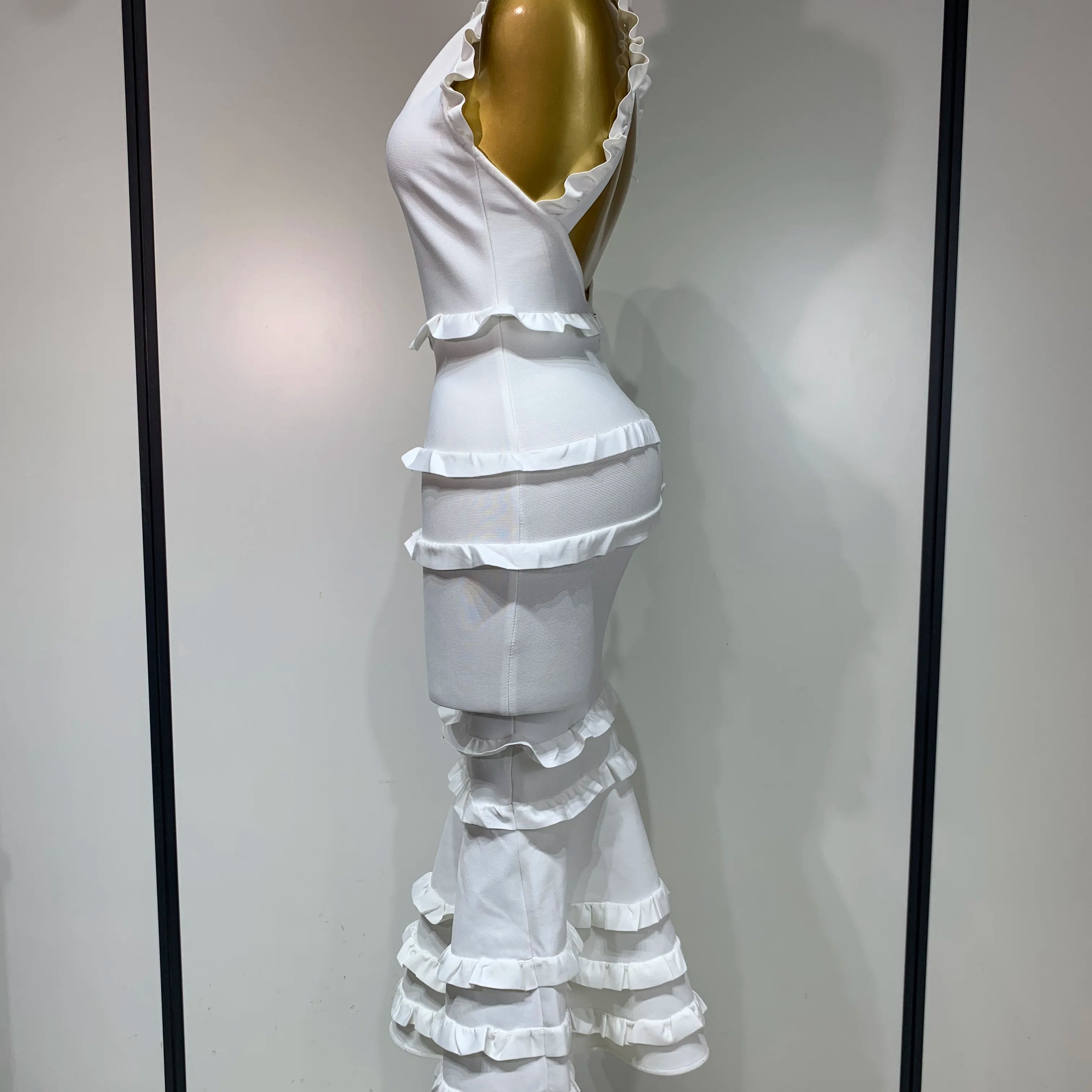 2025 New High quality White Elagant Retro Ruched High Collar Bodycon Bandage Dress Evening Party Fashion Simple Birthday Gown