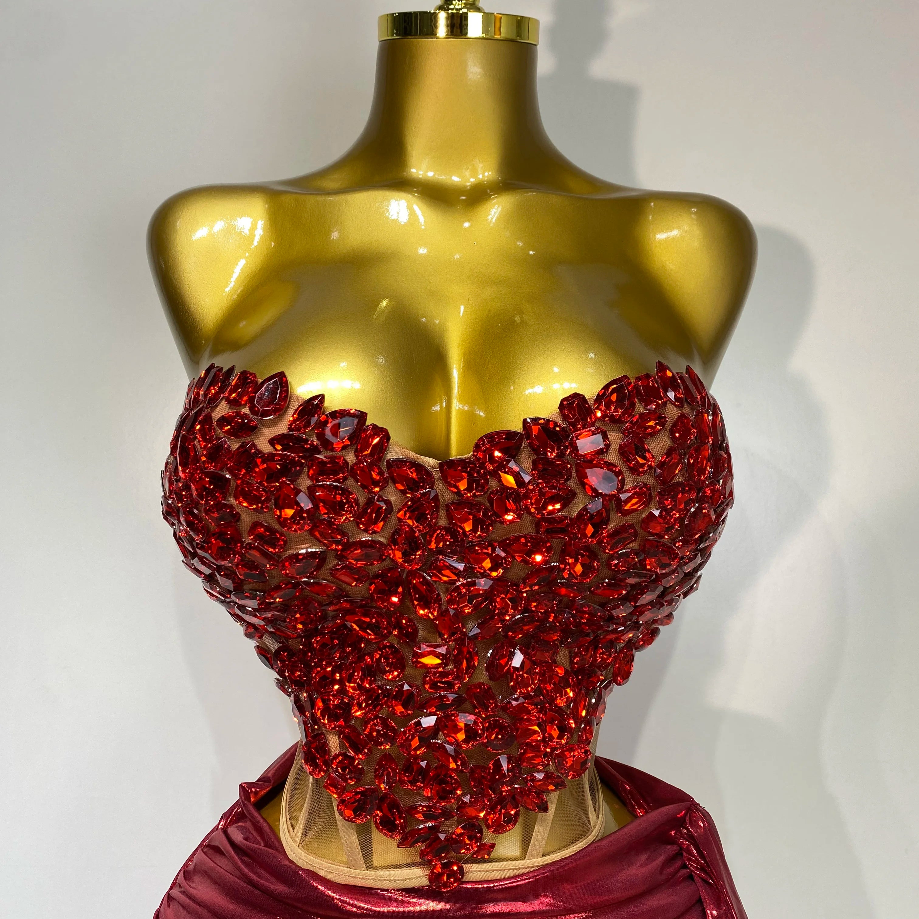 Sparkly Red Diamond Sexy Top Two Pieces Set Women Celebrate Party Luxury Birthday Nightclub Performance Dancer Stage Outfit